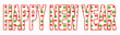 Filled lettering Happy New Year with lucky symbols on white background
