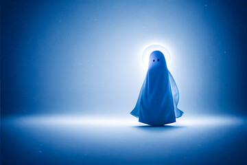 3d illustration of a ghost with white sheet, blue ghostly background