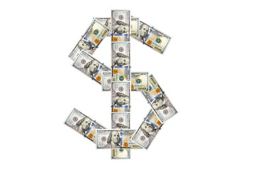 USA dollars sign made from one hundred dollars notes and isolated on a white background. PNG file with transparent background