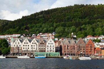 Wall Mural - Boats and the exterior of the historical wood buildings in Bergen, Norway