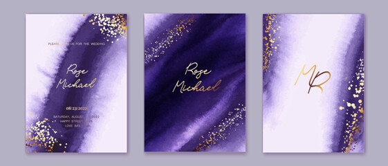 Wall Mural - Set of vertical backgrounds. Violet, purple watercolor fluid painting vector design. Dusty pastel, neutral and golden marble. Dye elegant soft splash style. Alcohol ink imitation.