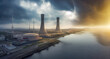 Kraftwerk Gas Öl Kohle Umweltverschmutzung Explosion Notfall Energiekriese Wirtschaft Lebensqualität Illustration 3D Render AI Digital
