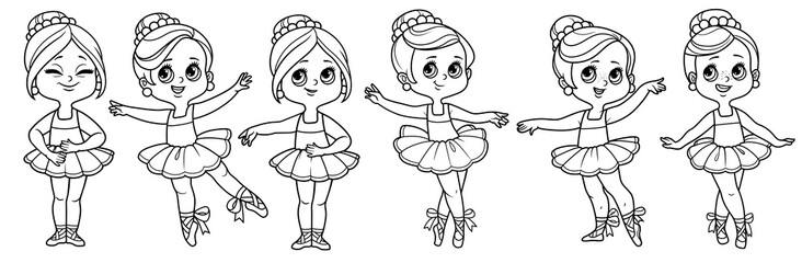 Wall Mural - Beautiful cartoon ballerina girls in lush tutu set on a white background outlined for coloring