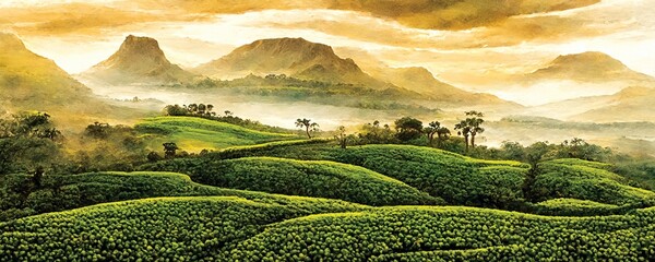 Wall Mural - landscapes of sri lanka, sunrise at the tea plantation, panorama view. digital art.