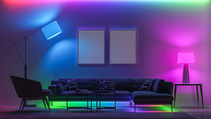 Wall Mural - Multicolored lighting in livingroom.3D render