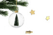 beautiful clear glass ball with christmastree snow pine tree inside christmas decoration hanging green three golden stars in the air branches golden hangers copy space isolated mixed reality