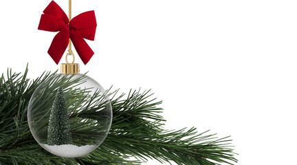 Wall Mural - beautiful clear glass ball with snow pine tree inside christmastree decoration on green branches gol