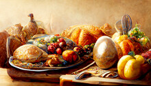 Thanksgiving Day Roasted Turkey With All The Sides, Oil On Canvas