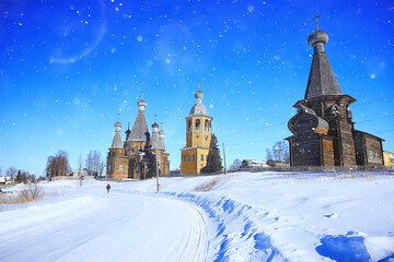 Wall Mural - wooden church in the Russian north landscape in winter, architecture historical religion Christianity