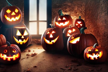 Sticker - a group of carved pumpkins sitting in front of a window, three rows of carved pumpkins, one with face lights. Generative AI