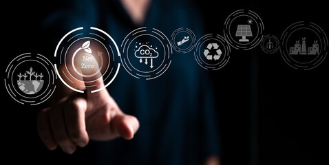 Concept of carbon neutral and net zero. Circular of emissions Greenhouse and Renewable Energy. Strategies and goals or target to reduce global warming by 2050. Green energy is sustainable environment.