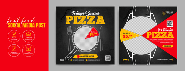 Fast food social media banner post template for business marketing. Italian pizza advertisement web poster. Food sale promotion flyer or brochure cover. Restaurant food menu trendy background.  