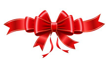 Red Christmas Bow With Golden Border. Vector Volumetric Illustration.