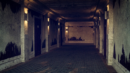 Wall Mural - dirty grungy old abandoned hotel hallway like scene from a horror movie. 3d illustration.