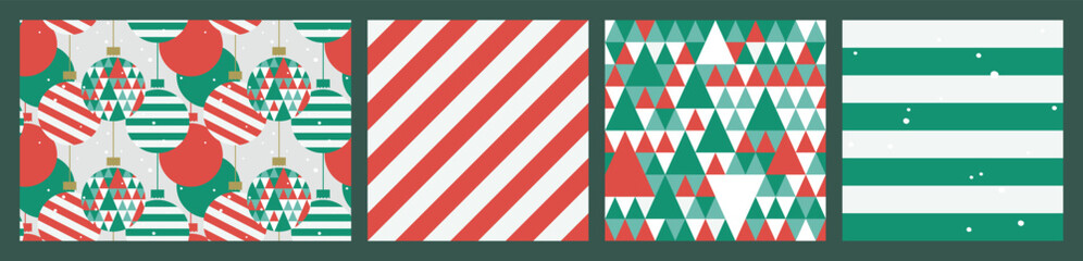 Wall Mural - christmas and new year festive design set with seamless pattern made of triangle christmas trees, ba