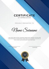 Certificate of achievement blue template design with gold badge and border for business, award, honor and school