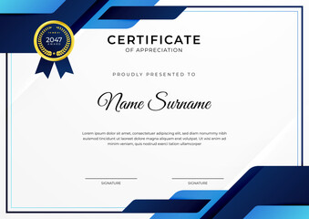 Certificate of achievement blue template design with gold badge and border for business, award, honor and school