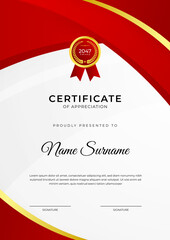 Certificate of achievement red template design with gold badge and border for business, award, honor and school