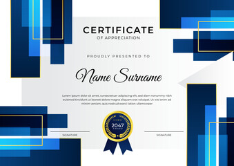 Certificate of achievement blue template design with gold badge and border for business, award, honor and school