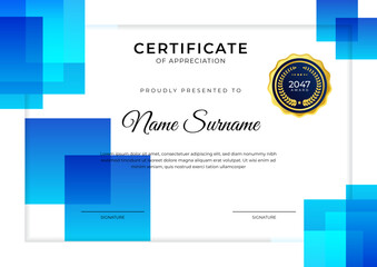 Certificate of achievement blue template design with gold badge and border for business, award, honor and school