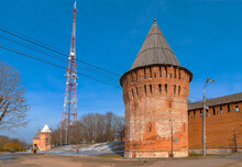 Russia. The City Of Smolensk. Thunder Tower On The Background Of The Smolensk TV Tower