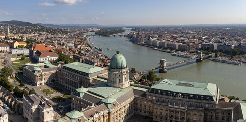 Wall Mural - Panorama drone photo of Budapest, Hungary. The Buda Castle and the Royal Palace, the river Danube with Chainbridge.