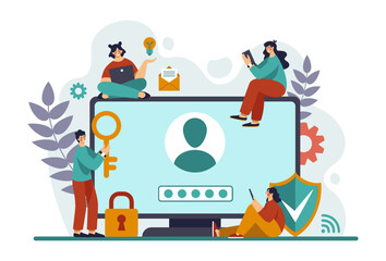 Internet cyber security, safety landing. Digital computer information, online password. Huge computer and tiny people, digital lock, privacy information. Vector illustration