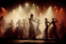 Digital Illustration Featuring Silhouettes Of Cabaret And Burlesque Dancers On Stage. A Troupe Dynamic Dancing In A Vintage Glamour Vaudeville Show. Elegant And Sexy Shadows On Stage In Background Art