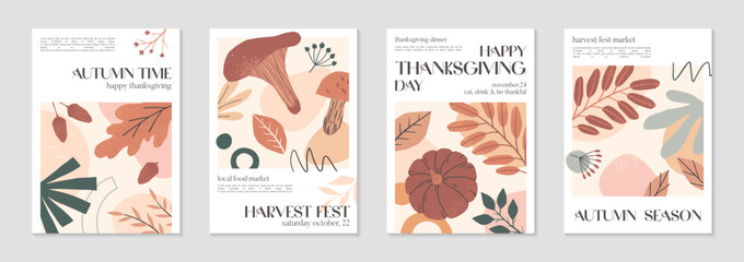 Wall Mural - Happy Thanksgiving dinner and harvest posters with pumpkins,foliage and copy space for text.Autumn season covers for invitations,social media marketing,greetings,brochure.Trendy holiday backgrounds.