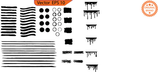 Wall Mural - Black paint, ink brush strokes, brushes, lines set. Ink brush strokes bundle. Brush strokes text boxes. Vector paintbrush set. Grunge design elements. Dripping design element. Drip. Original textures