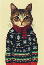 Vintage Pencil Drawing Of A Cat Wearing Ugly Christmas Sweater. Christmas Festive Mood. 3d Illustration