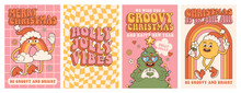 Groovy Hippie Christmas. Rainbow, Christmas Tree, Smile, Holly Jolly Vibes In Trendy Retro Cartoon Style. Happy New Year Greeting Card, Poster, Template, Print, Party Invitation, Background.