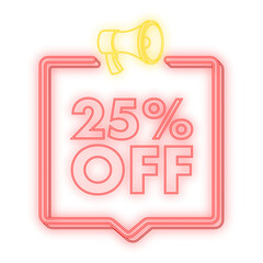 Canvas Print - 25 percent OFF Sale Discount neon banner with megaphone. Discount offer price tag. 25 percent discount promotion flat icon with long shadow. Vector illustration