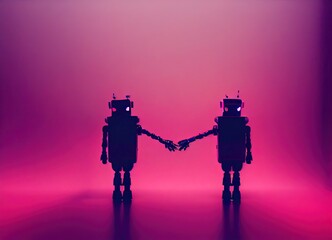 Poster - Robot couple in love with pink background
