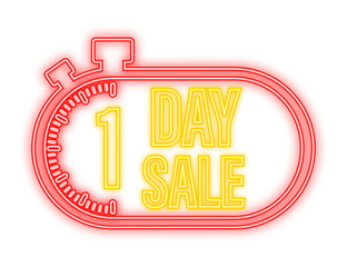 Sticker - 1 Day sale. Countdown timer. Clock icon. Glitch icon. Time icon. Count time sale. Neon icon. Vector stock illustration