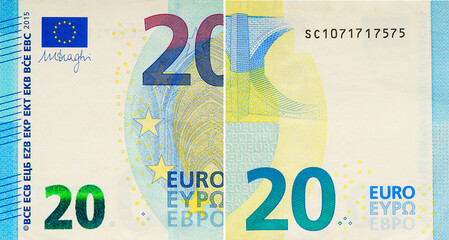 One twenty Euro bill. 20 euro banknote close-up. The euro is the official currency of 19 out of the 27 member states of the European Union