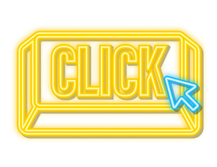 Wall Mural - click button with hand pointer clicking. neon icon. vector stock illustration