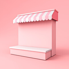 Aufkleber - Blank display kiosk shop counter store or product shelf podium stand stall with pink striped awning isolated on pink pastel color background minimal conceptual 3D rendering
