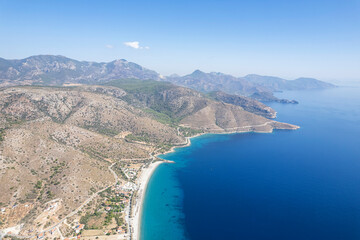 Amazing aerial photo of Datca peninsula, indented coastline between of mediterranean and aegean seas with beautiful turquoise water, altitude about 1 km, Turkey, Palamutbuku