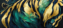 Spectacular Abstract Concept Design Features Teal And Gold Fur And Pelts That Are Arranged In A Pattern That Resembles Turbulent Liquid Wavy Ink Churning Together. Digital Art 3D Illustration.