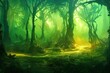 Magical portal in the forest or jungle, mysterious landscape background with glowing gates with yellow plasma in deep forest with trees and lianas and misty haze 3d illustration