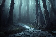 Magic Portal Between Tree Trunks In A Deep Dark Forest, Fog In The Thicket Of The Forest 3d Illustration