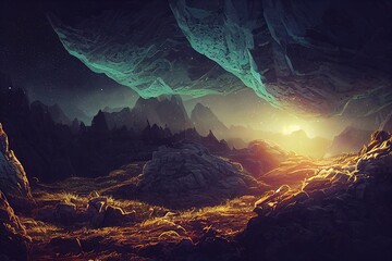 Wall Mural - Magic portal on a mountain cliff with flying stones around, night starry sky 3d illustration