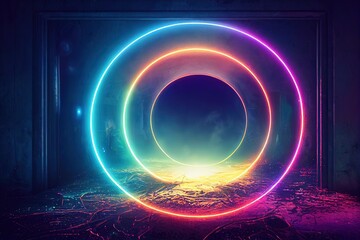 Fototapete - Magic portals to an alien world, planet or time, neon colorful circles 3d illustration