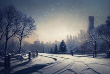 Winter Landscape With Stone Arch, Public Park Or Garden Entrance, Snow, Bare Trees And City Buildings On The Horizon Under White Snow Layer 3d Illustration