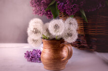 Beautiful Dandelion Bouquet In A Brown Ceramic Pot Against Purple Lilac Flowers In Dark Moody Style. Vintage Filtered Photo.
