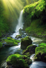 Waterfall with rocks and green moss in the forest