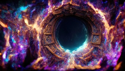 Fantasy night landscape with magical power, ancient stones with magical power and light, runes. Passage to another world, magic door, light, neon. 3D illustration