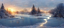 Winter Snowy Park. Frosty Sunset. 3D Illustration.
