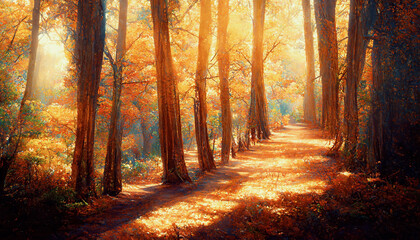 Spectacular autumn countryside with a road path through a dense forest and bright golden sunlight. Forest in shades of orange and teal in the fall. Digital art 3D illustration.